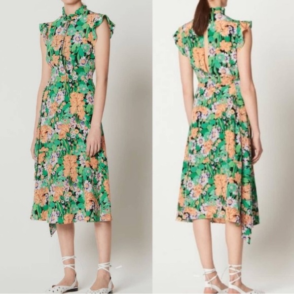 Sandro Maline Floral Print Silk Dress Verdant
Garden Green Midi Ruffle Sleeve M - Picture 7 of 8